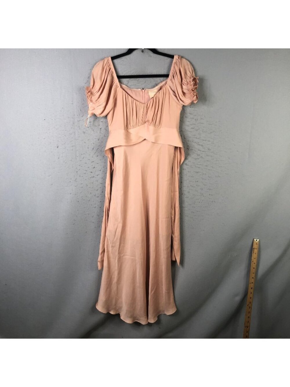 Sage + Paige Dress Womens L Pink Swing Dancing Midi Puff Sleeve Satin Ruched - Picture 1 of 16